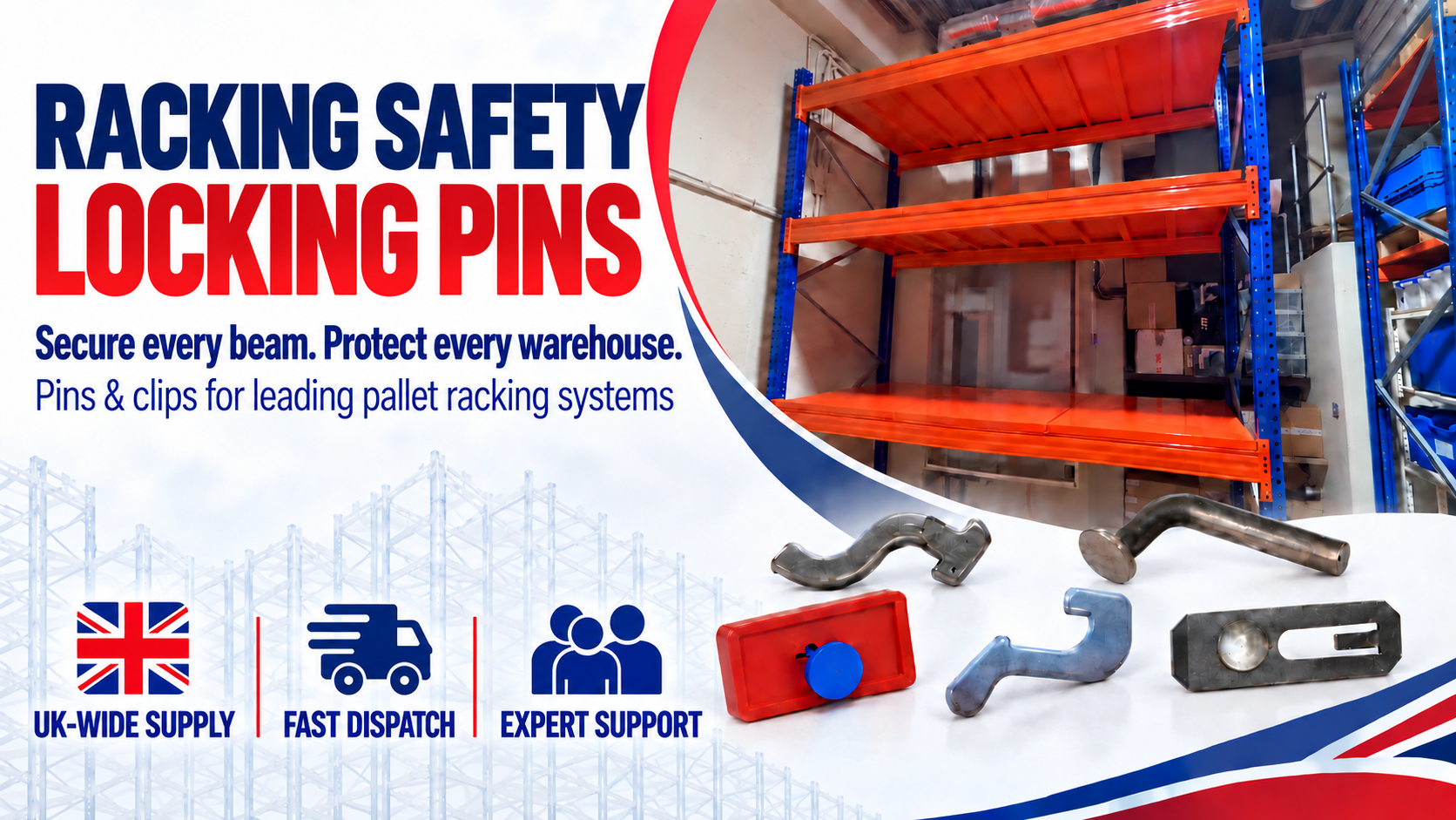 Selection of pallet racking safety locking pins and beam connections